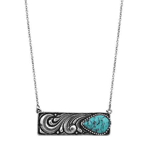 Tooled Bar Teardrop Stone Necklace