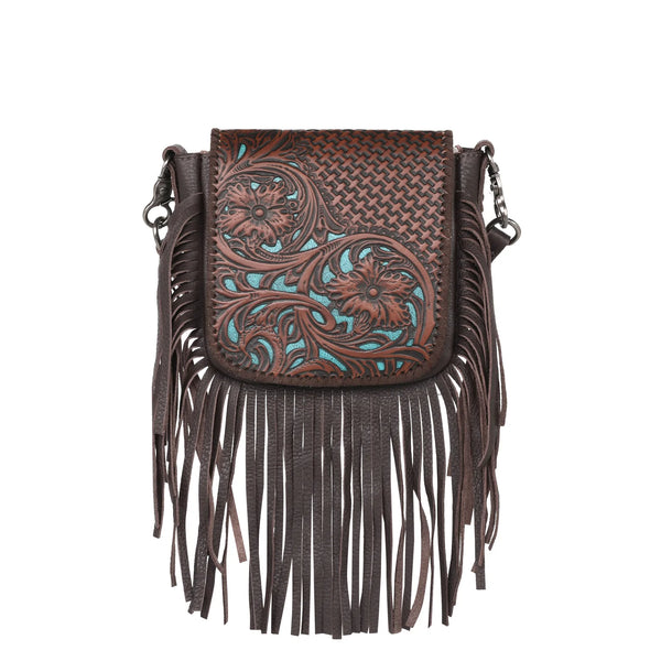 Montana West Genuine Leather Tooled Fringe Crossbody -Coffee