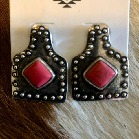 Cow Tag Stone Earrings - Red