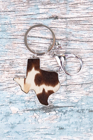 Cow Print Texas Keychain - Brown