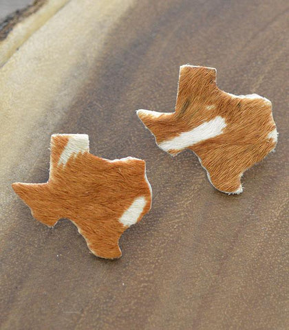 Cowhide Texas Earrings - Brown & White