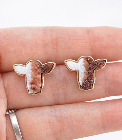 Druzy Cow Earrings - Brown & White