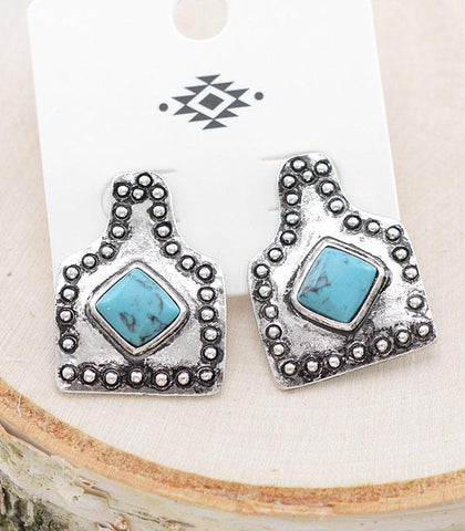 Cow Tag Stone Earrings - Turquoise