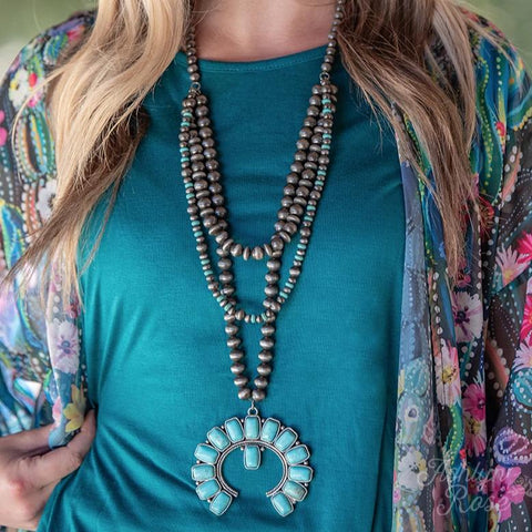 Little Dirt on My Boots Turquoise Stone Horseshoe Squash Blossom Necklace