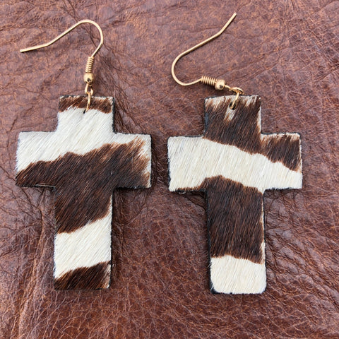 Cowhide Cross Earrings