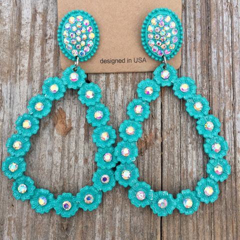 Rhinestone Teardrop Earrings - Turquoise