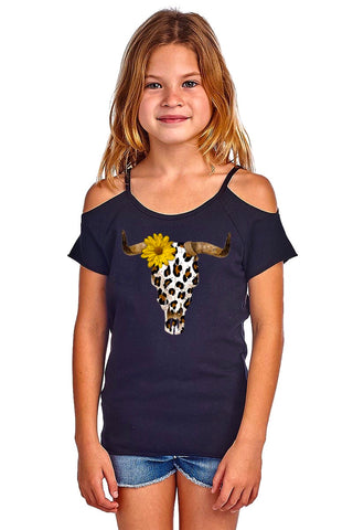 Lil' Gals Leopard Print Bull Skull Cold Shoulder Top