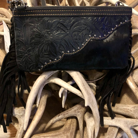 Montana West Black Tooled Leather & Hair-On-Hide Clutch
