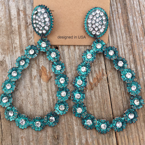 Rhinestone Teardrop Earrings - Distressed Turquoise