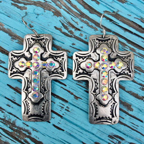 Western AB Crystal Cross Earrings