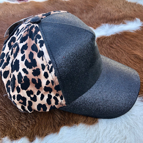 Black Glitter Cheetah Ponytail Cap