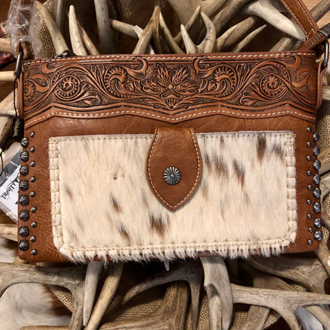 Trinity Ranch Tooled Leather/Cowhide Crossbody - Brown