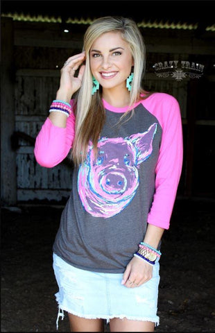 Pink Pork Chop Baseball Tee by Crazy Train