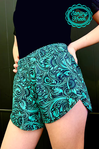 Turquoise Tooled Sheridan Shorts -Sterling Kreek